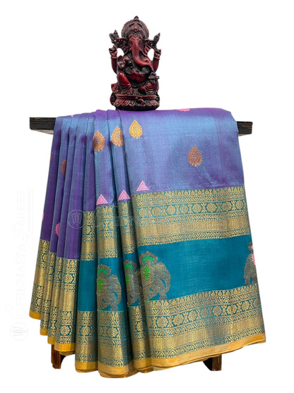 Big Gap Double Peacock Border Periwinkle Pure Silk Saree