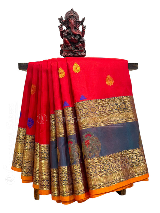 Big Gap Double Peacock Border Classy Red Pure Silk Saree