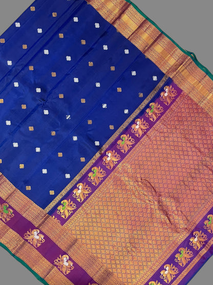 Big Gap Double Peacock Border Dark Blue Pure Silk Saree