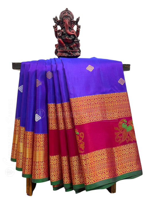 Big Gap Double Peacock Border Royal Blue Pure Silk Saree