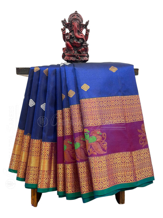 Big Gap Double Peacock Border Dark Blue Pure Silk Saree