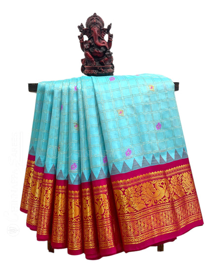 Humsa Big Checks Sky Blue Pure Silk Saree