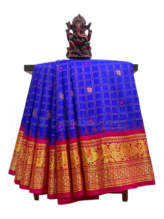 Humsa Big Checks Royal Blue Royal Blue Pure Silk Saree