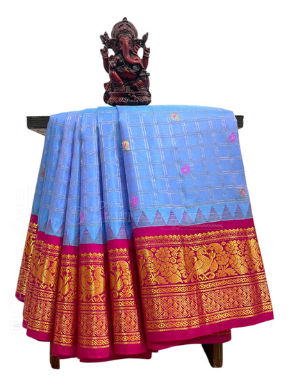 Humsa Big Checks Arctic Blue Pure Silk Saree