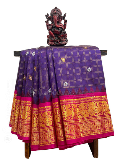 Humsa Big Checks Violet Pure Silk Saree