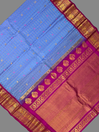 Humsa Big Checks Arctic Blue Pure Silk Saree