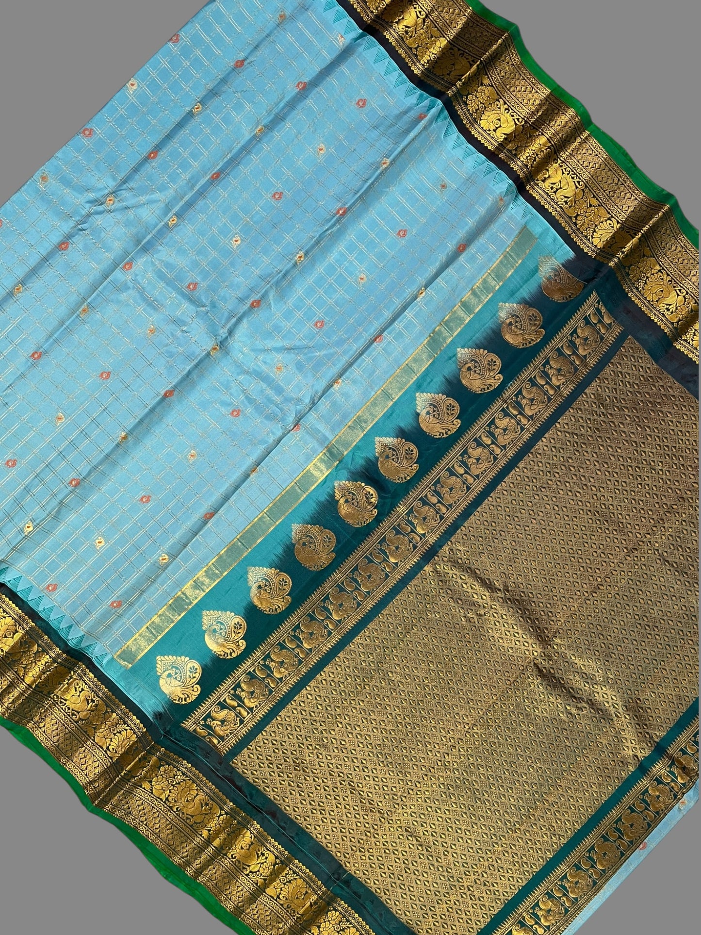 Humsa Big Checks Azure Blue Pure Silk Saree