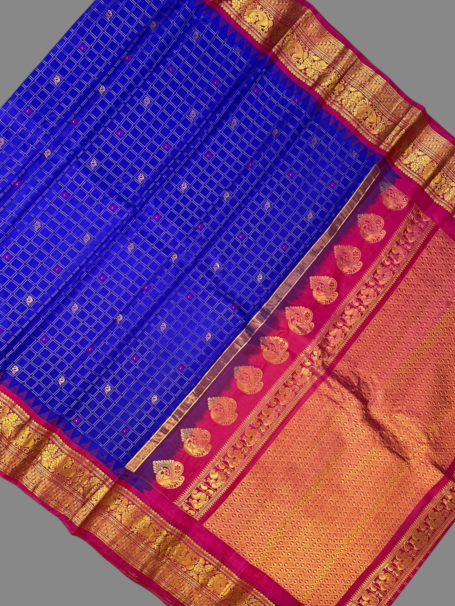 Humsa Big Checks Royal Blue Royal Blue Pure Silk Saree