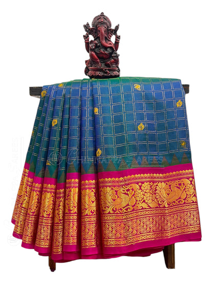 Humsa Big Checks Peacock Green Pure Silk Saree