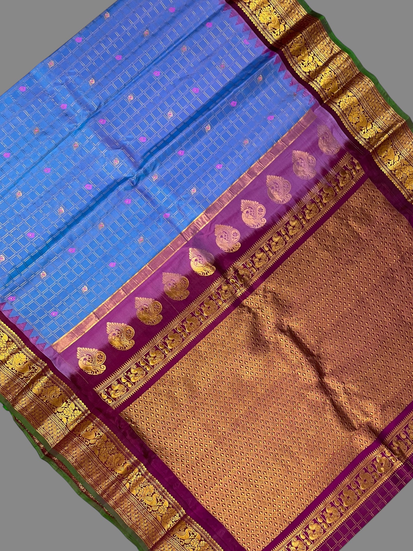 Humsa Big Checks Sapphier Blue Pure Silk Saree