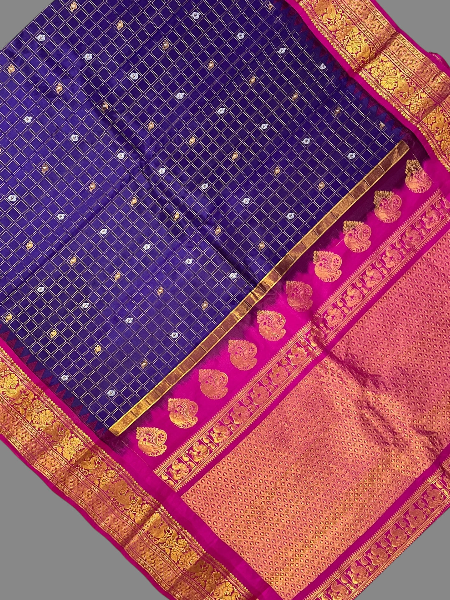 Humsa Big Checks Violet Pure Silk Saree