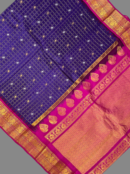 Humsa Big Checks Violet Pure Silk Saree