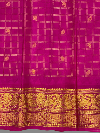 Humsa Big Checks Peacock Green Pure Silk Saree