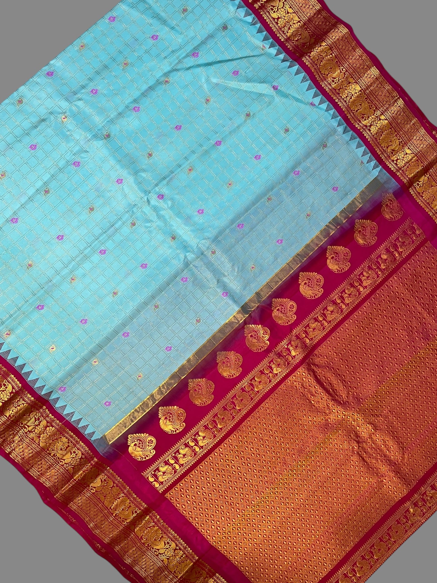 Humsa Big Checks Sky Blue Pure Silk Saree