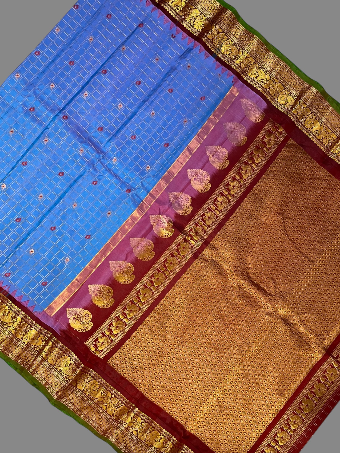 Humsa Big Checks Cobalt Blue Pure Silk Saree