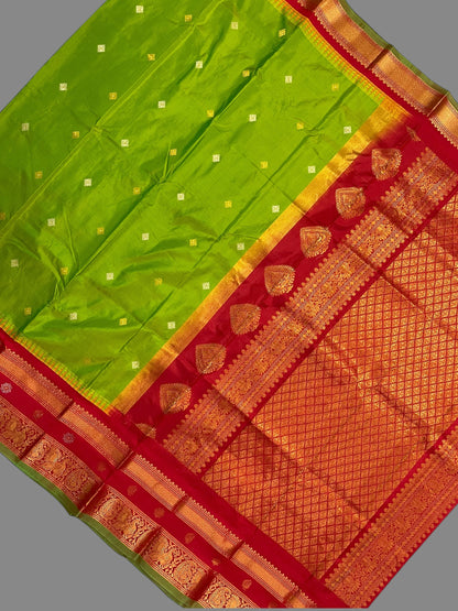 Kanchi Border Butta Parrot Green 1 Pure Silk Saree