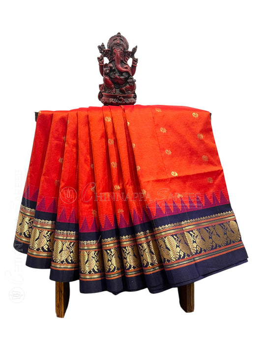 Humsa Border Reddish Orange Pure Silk Saree