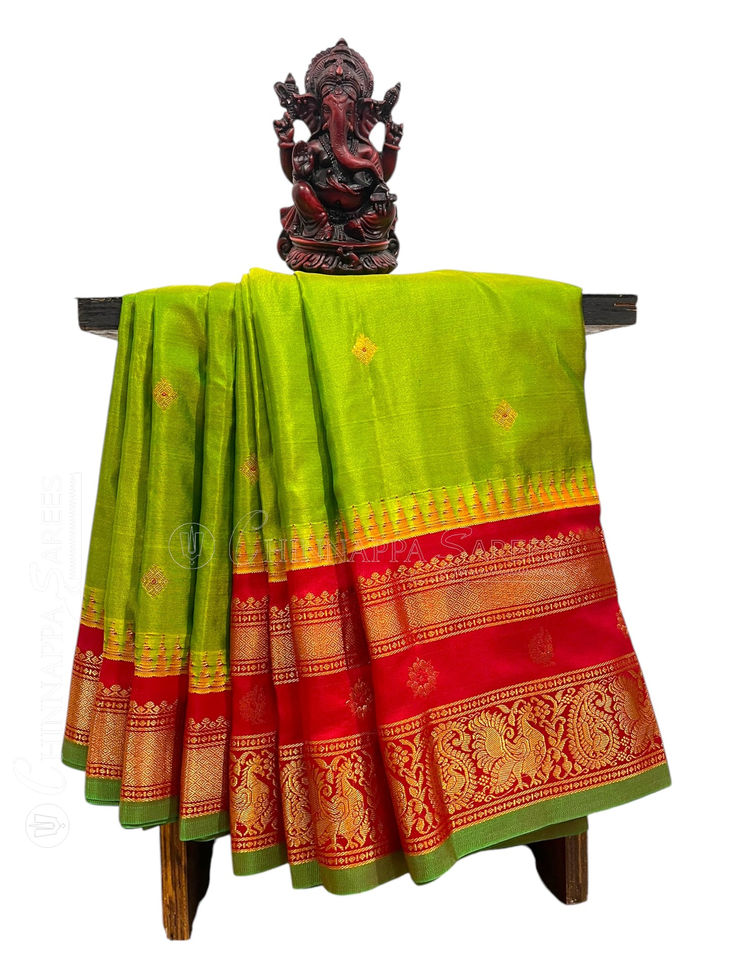 Kanchi Border Butta Mehendi Green Pure Silk Saree