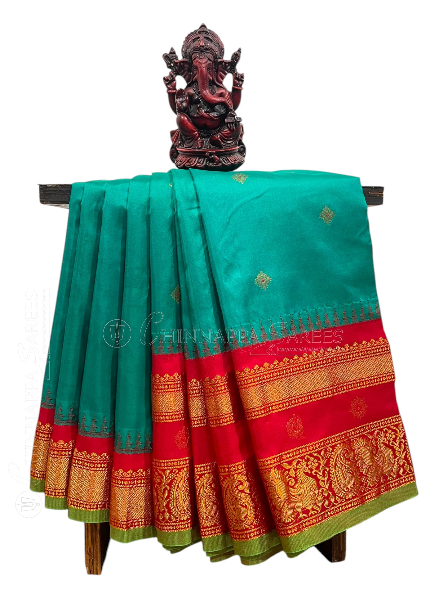 Kanchi Border Butta Rama Green Pure Silk Saree