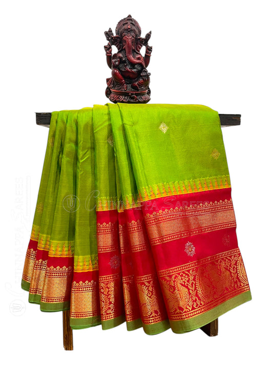 Kanchi Border Butta Parrot Green 1 Pure Silk Saree