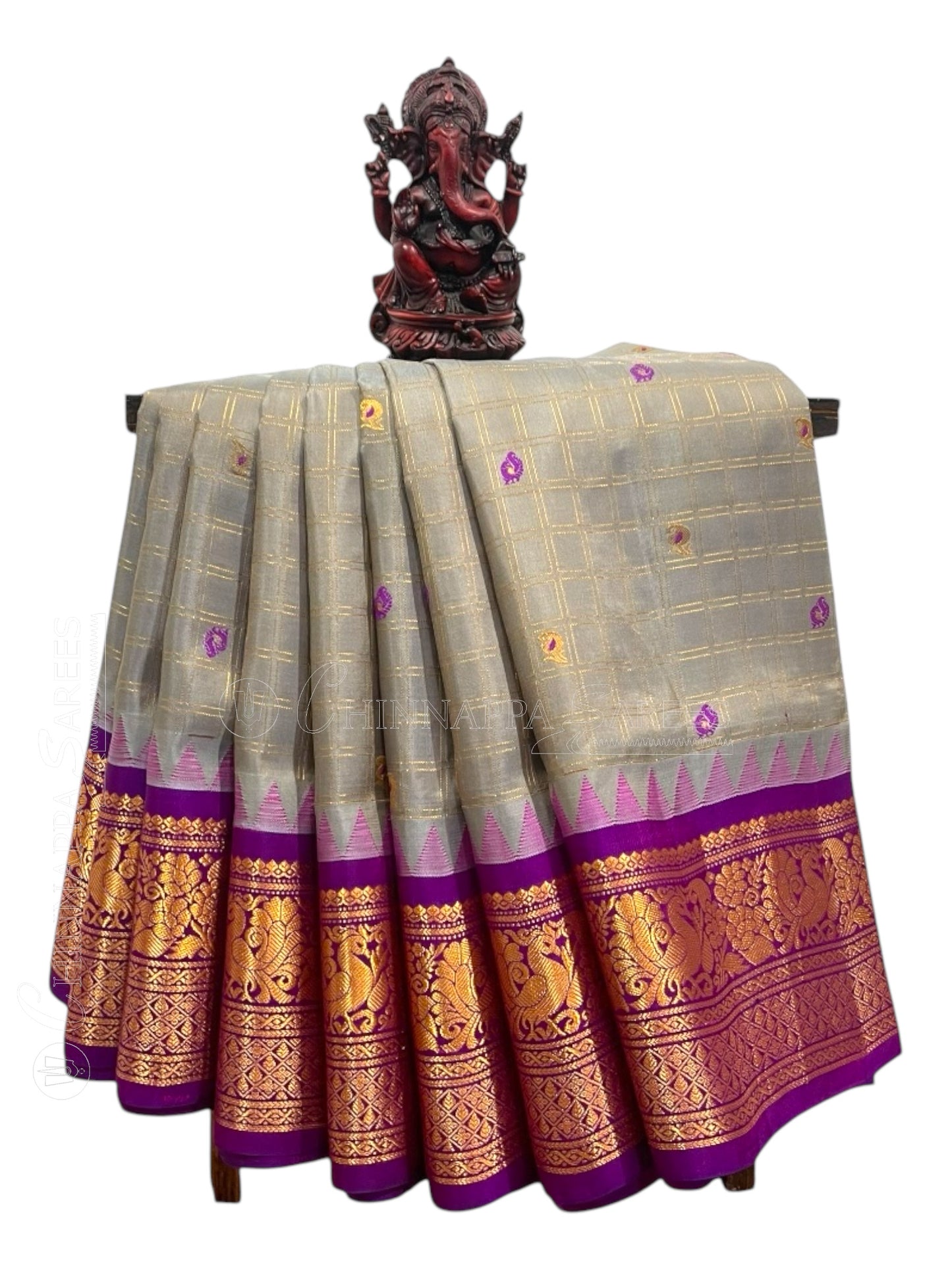 Humsa Big Checks Chiku Pure Silk Saree