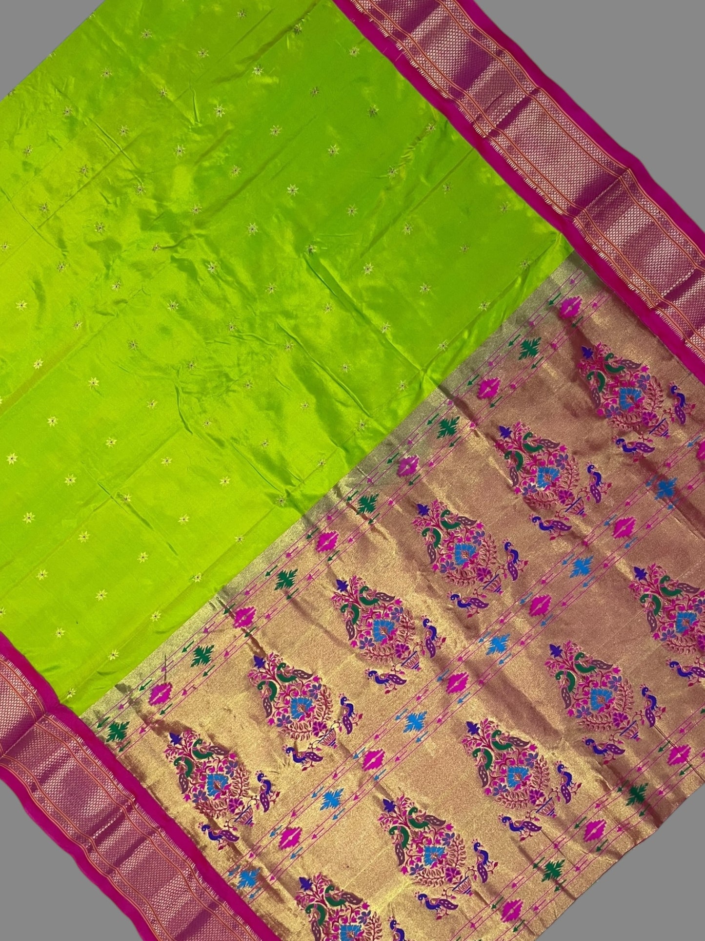 Paithani Parrot Green Silk Saree