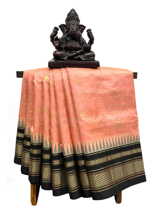 Big Peshwai Checks Peach Pink Pure Silk Saree