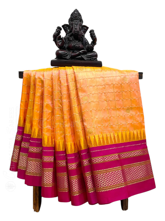 Big Peshwai Checks Light Orange Pure Silk Saree