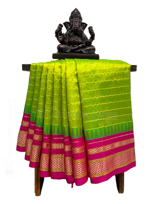 Big Peshwai Checks Parrot Green 1 Pure Silk Saree