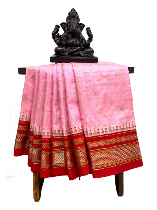 Big Peshwai Checks Light Pink Pure Silk Saree