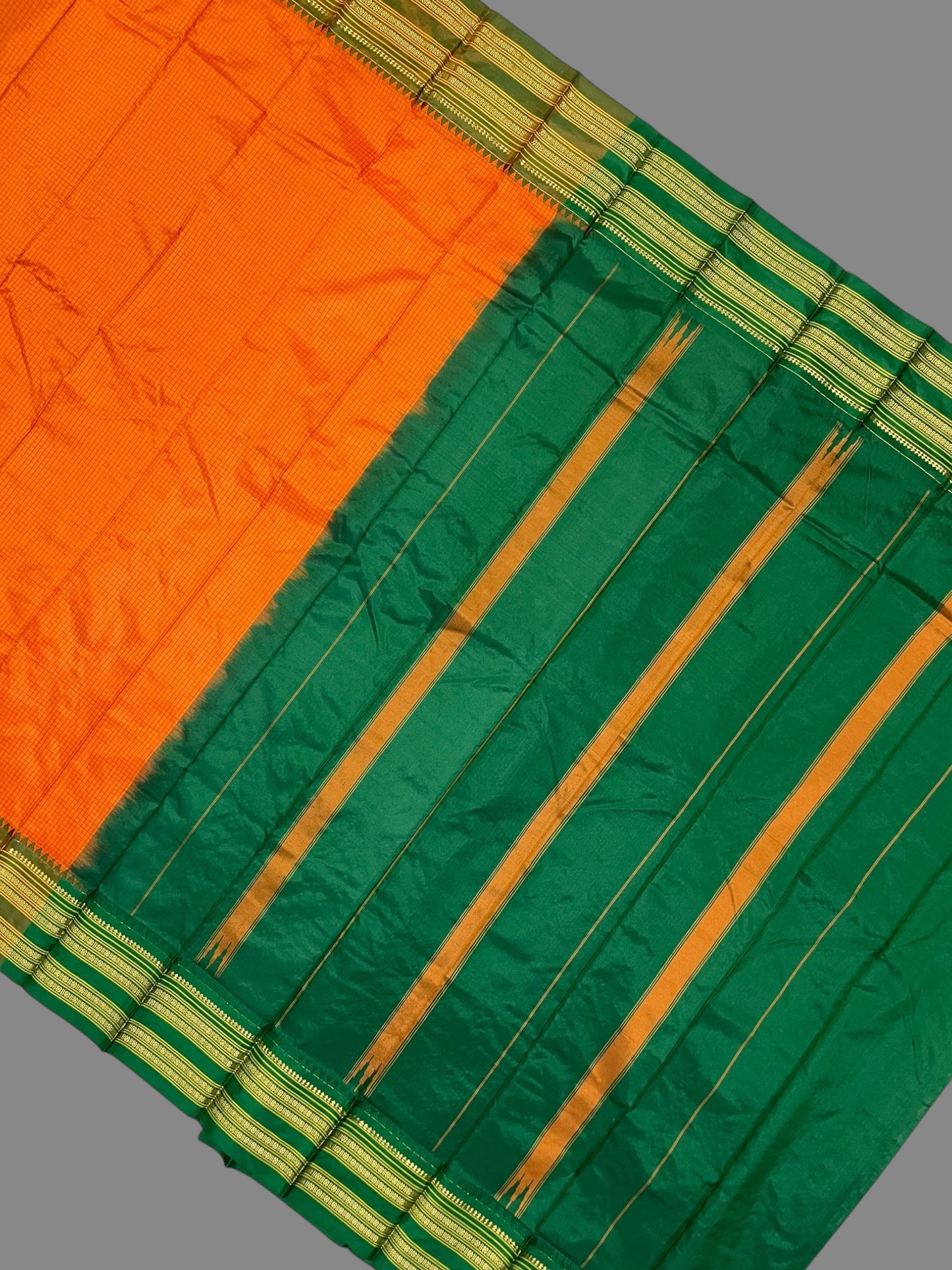 Narayanpet checks Orange Pure Silk Saree