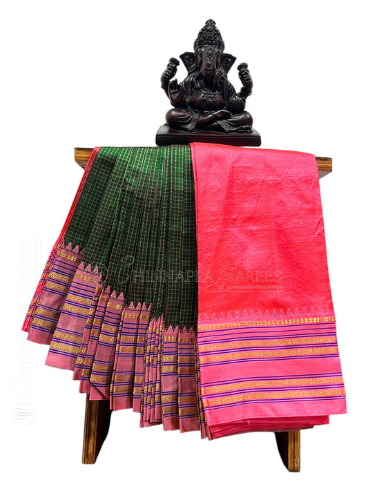 Narayanpet checks Dark Green Pure Silk Saree