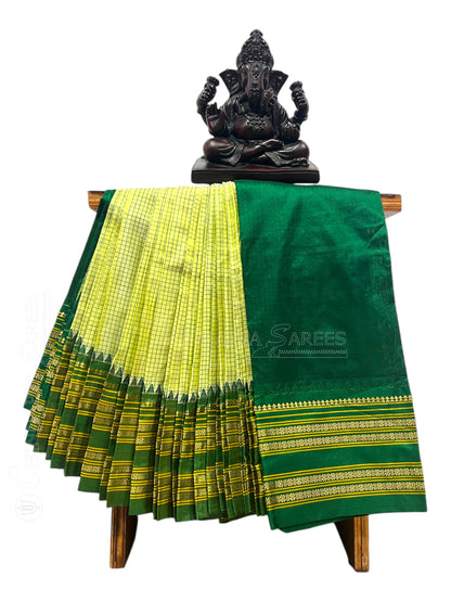 Narayanpet checks Lemon Yellow  Pure Silk Saree