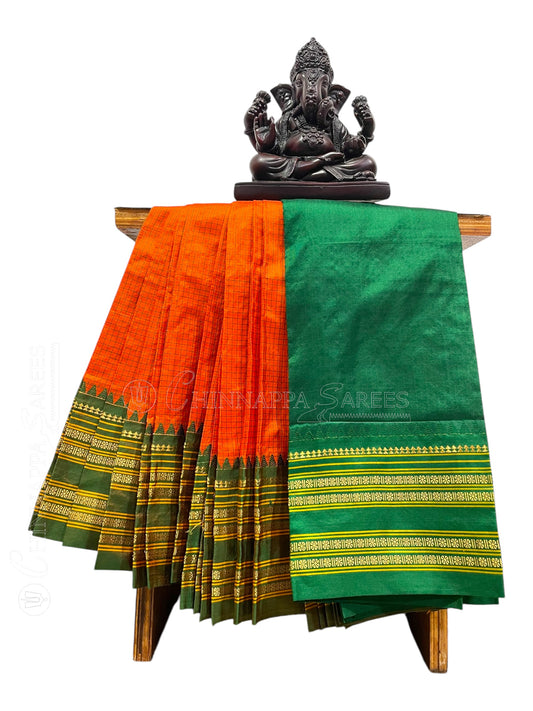 Narayanpet checks Orange Pure Silk Saree