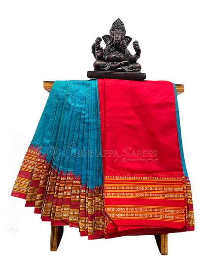 Narayanpet checks Rama Green Pure Silk Saree