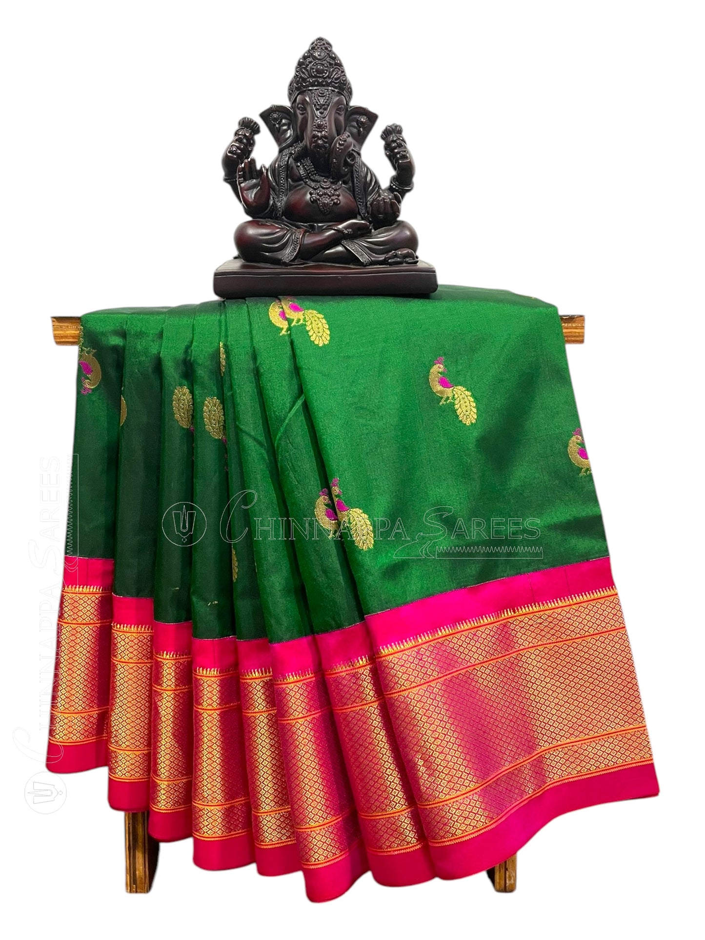 Paithani Peacock Butta Dark Green Pure Silk Saree