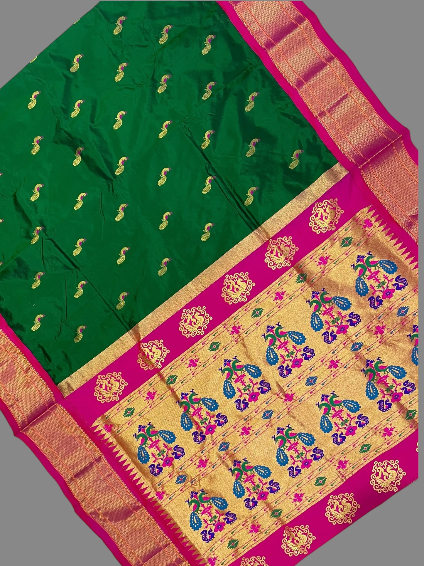 Paithani Peacock Butta Dark Green Pure Silk Saree