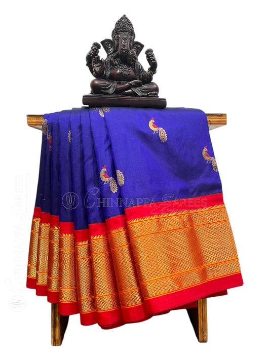 Paithani Peacock Butta Ink Blue Pure Silk Saree