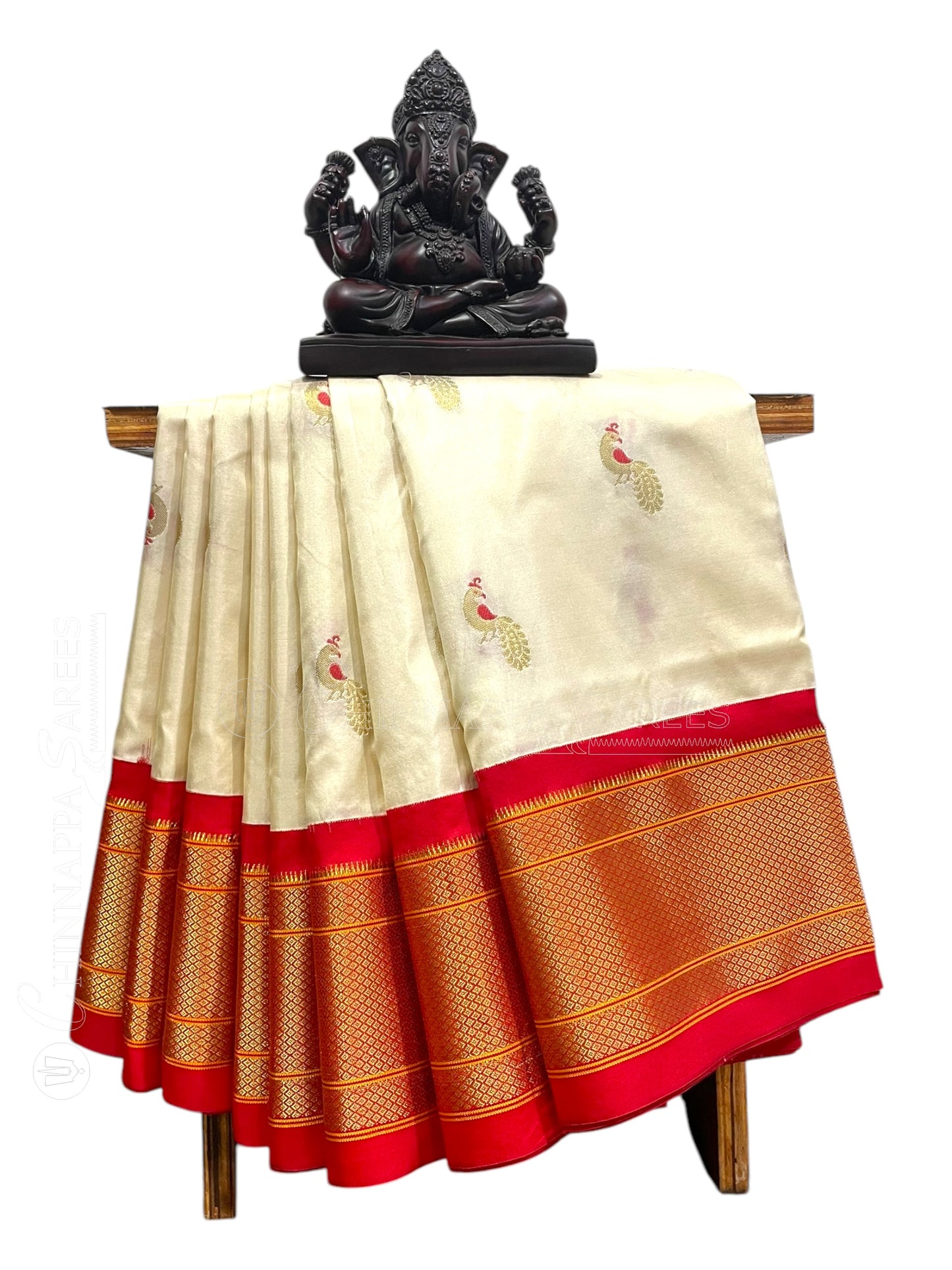 Paithani Peacock Butta Cream Pure Silk Saree