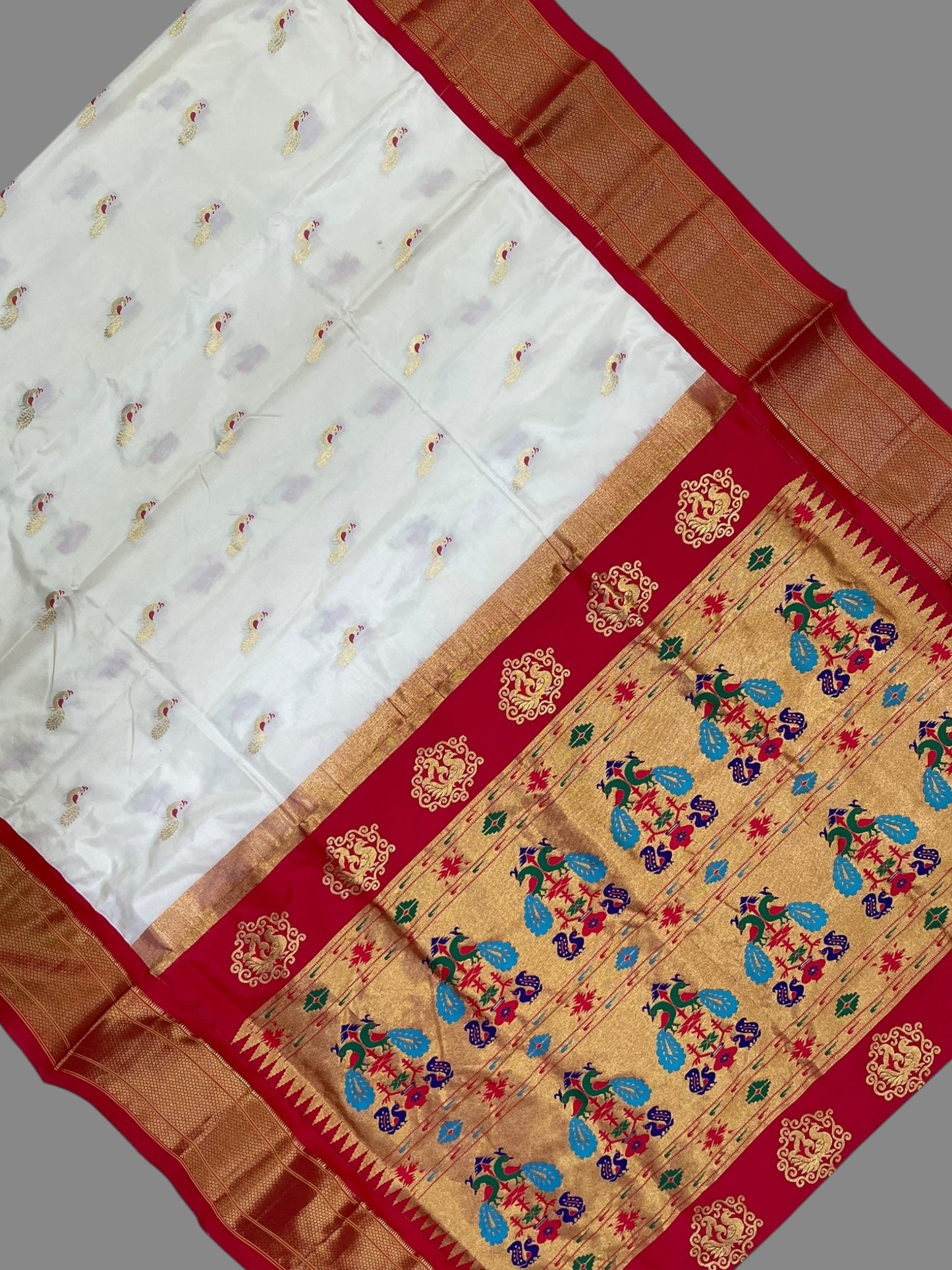 Paithani Peacock Butta Cream Pure Silk Saree