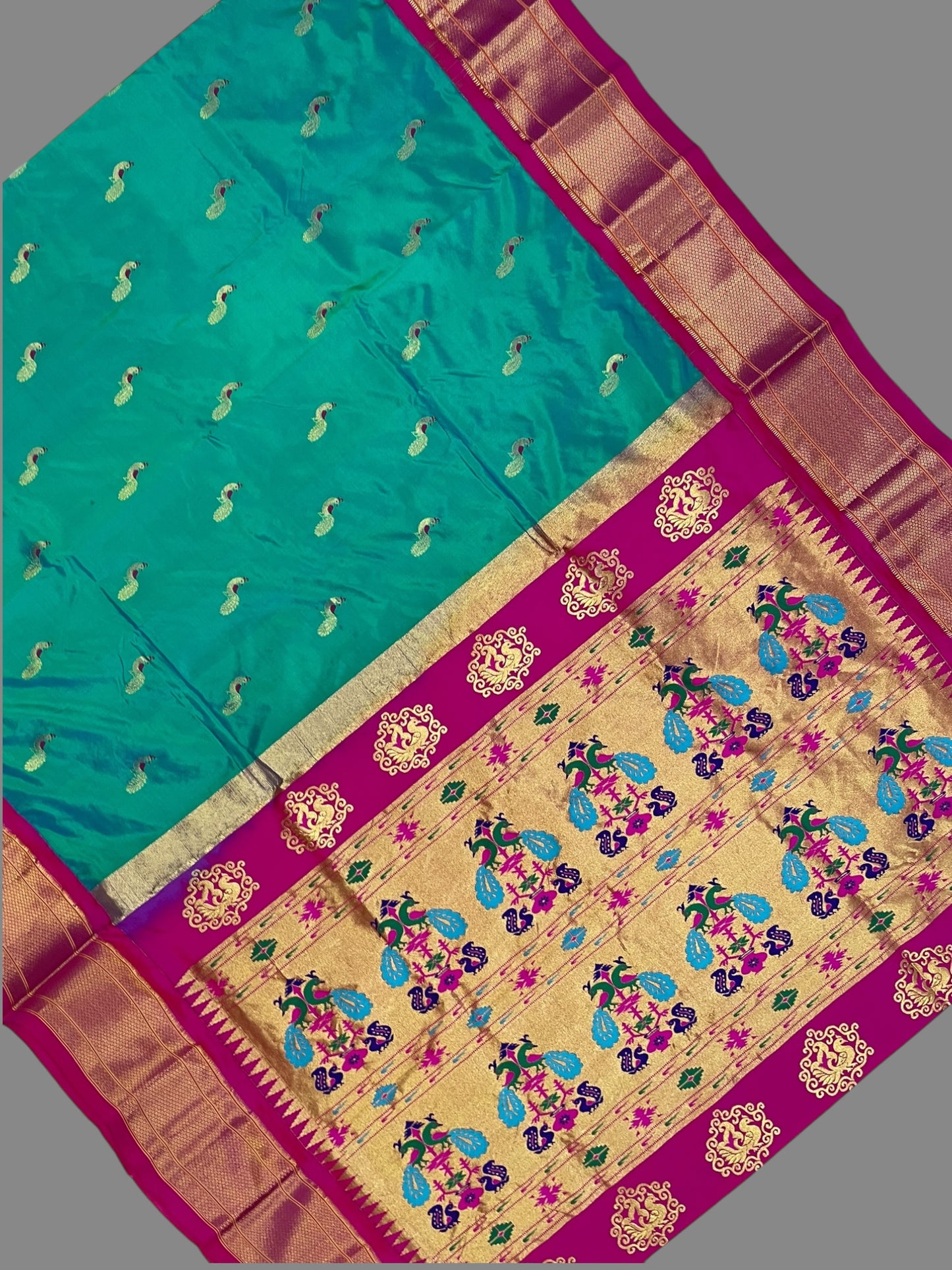 Paithani Peacock Butta Rama Green  Pure Silk Saree