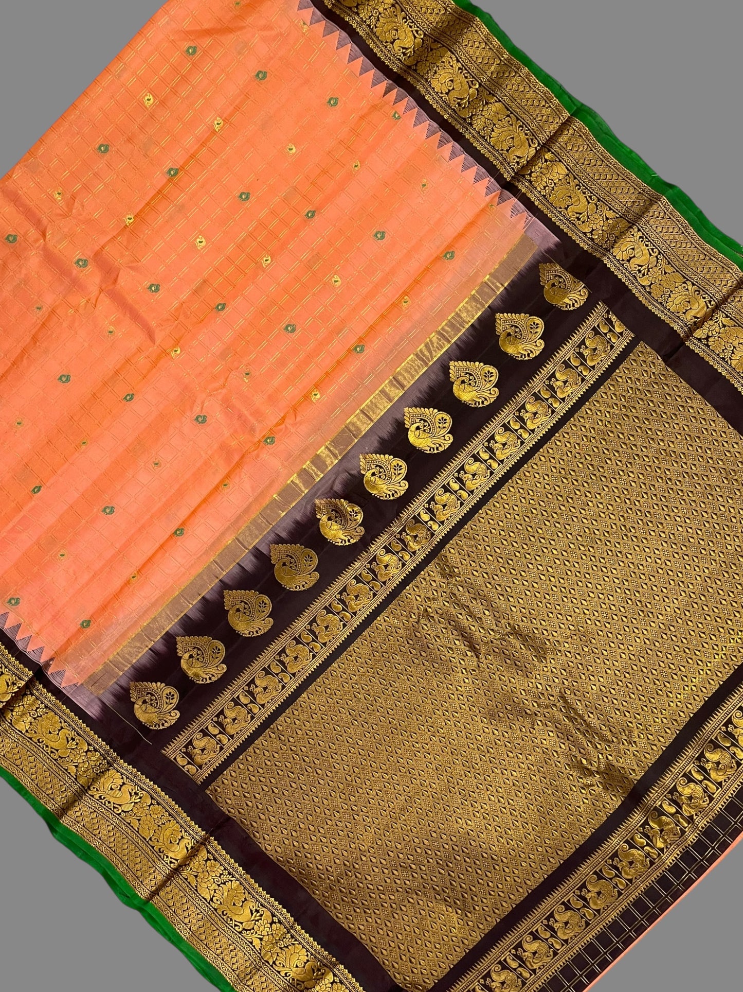 Humsa Big Checks Peach Orange Pure Silk Saree