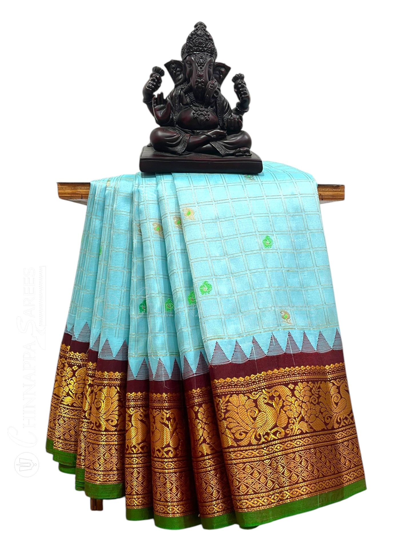 Humsa Big Checks Light Blue Pure Silk Saree