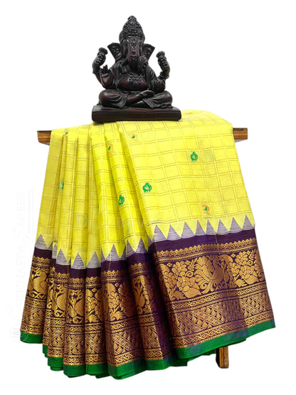 Humsa Big Checks Lime Yellow Pure Silk Saree