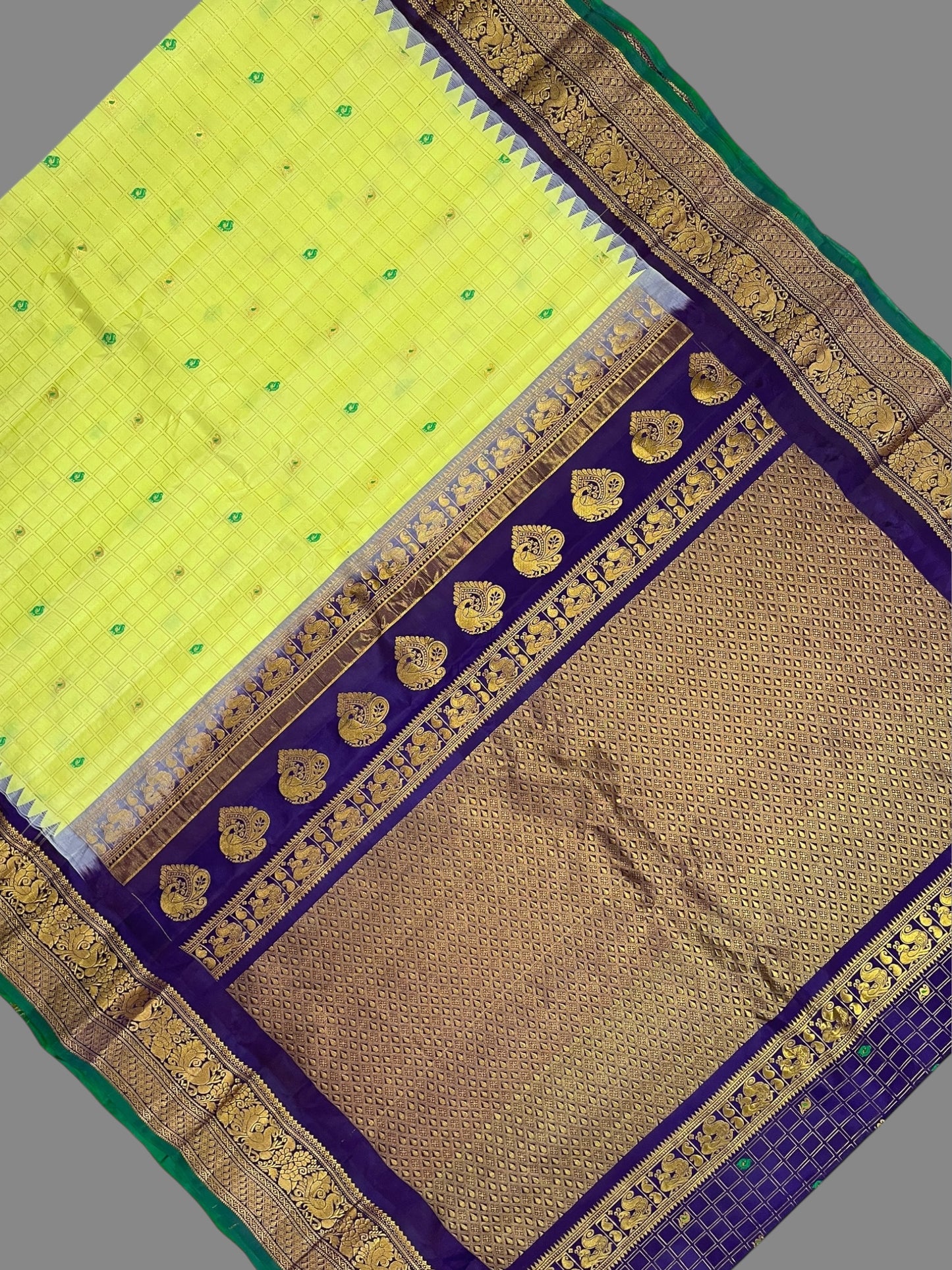 Humsa Big Checks Lime Yellow Pure Silk Saree