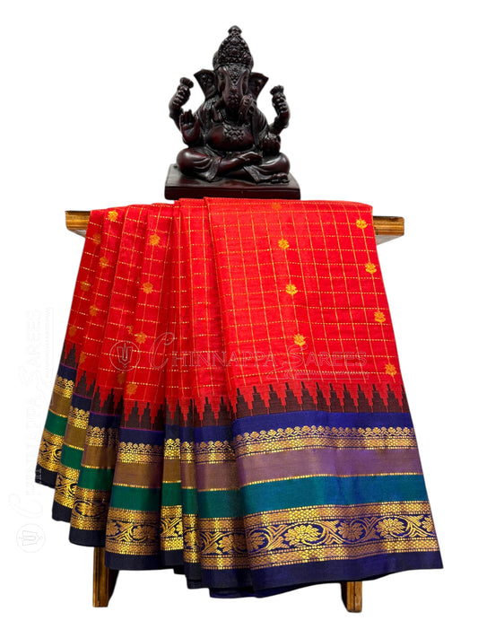 Gadwal Border Checks Red Blue Pure Silk Saree