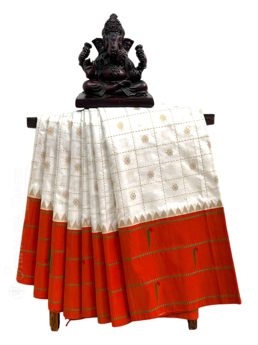 Pure Paithani Checks Half White Silk Saree
