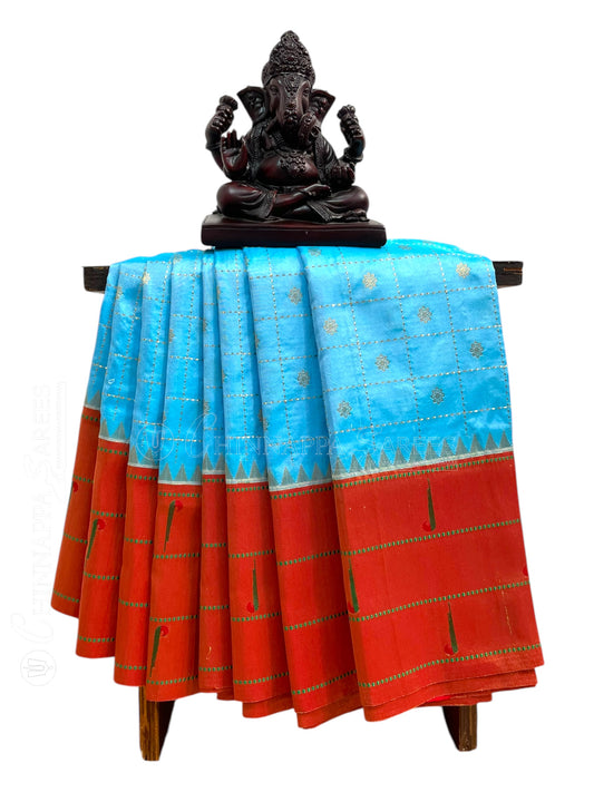 Pure Paithani Checks Blue Silk Saree