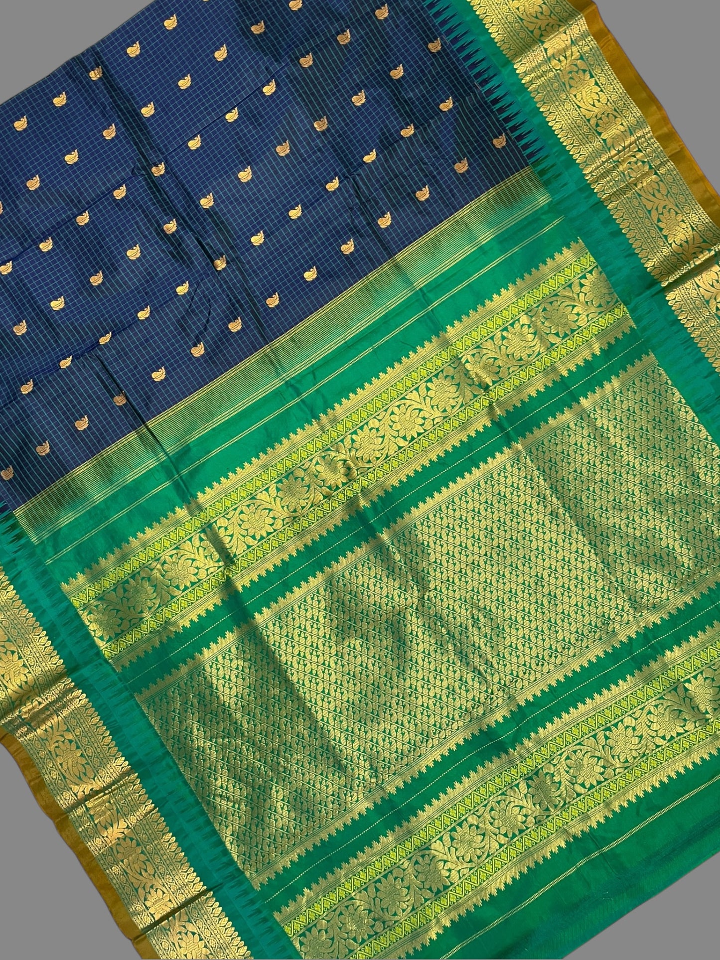 Gadwal Small Checks Butta Navy Blue Pure Silk Sarees