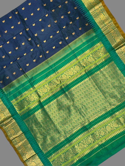 Gadwal Small Checks Butta Navy Blue Pure Silk Sarees